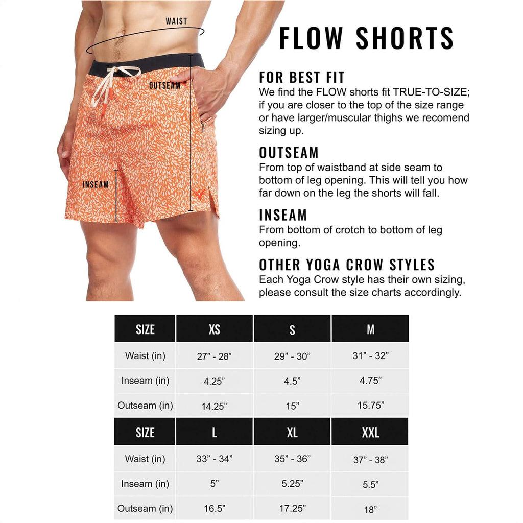 Flow shorts size guide with measurements for waist, inseam, and outseam for the Desert Orange style.