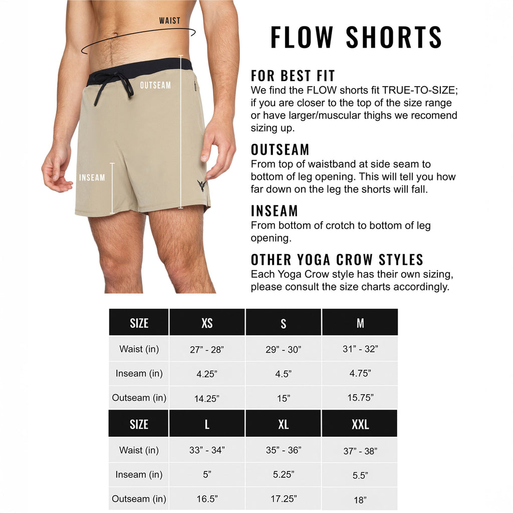 Men's Lined Hot Yoga Shorts 5 Inch size guide with waist, inseam, and outseam measurements. Success Complete Complete