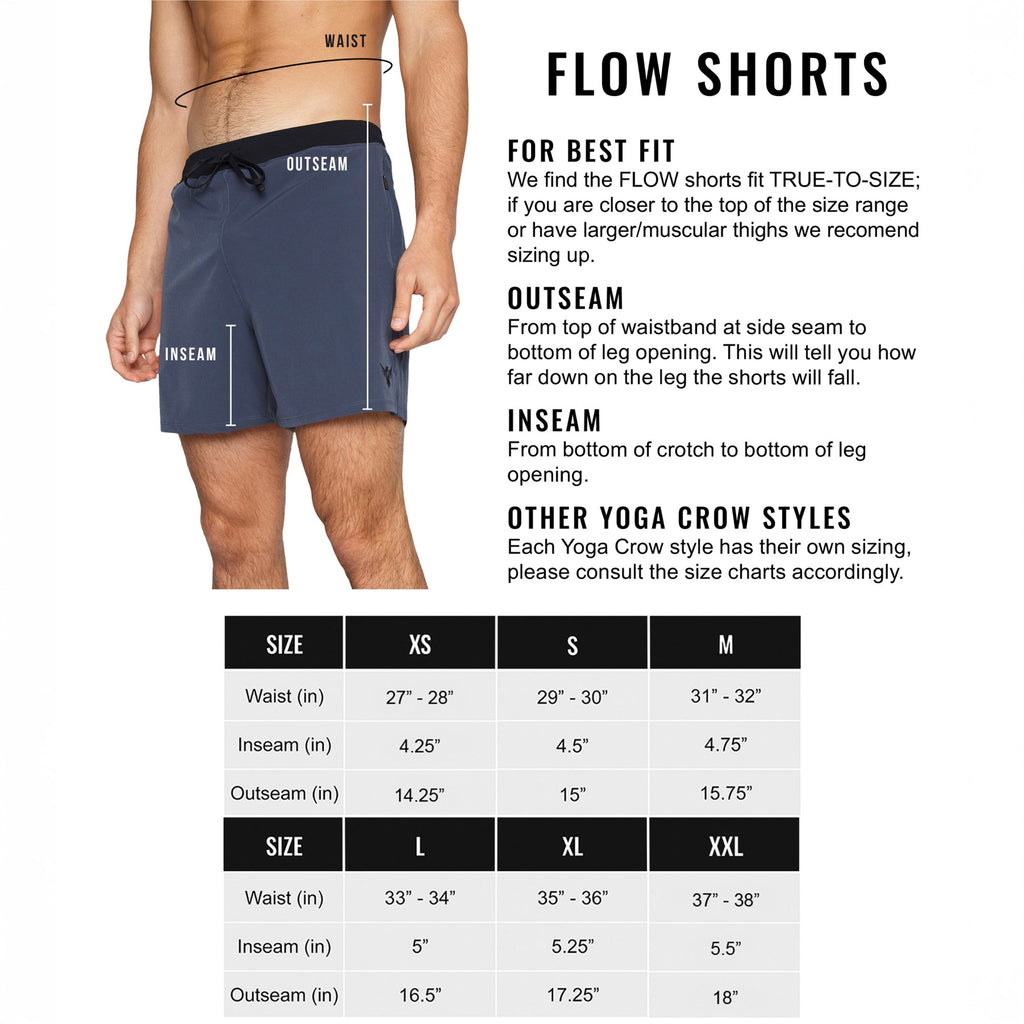 Flow Men's Lined Hot Yoga Shorts 5 Inch size chart showing waist and inseam measurements for comfortable fit.