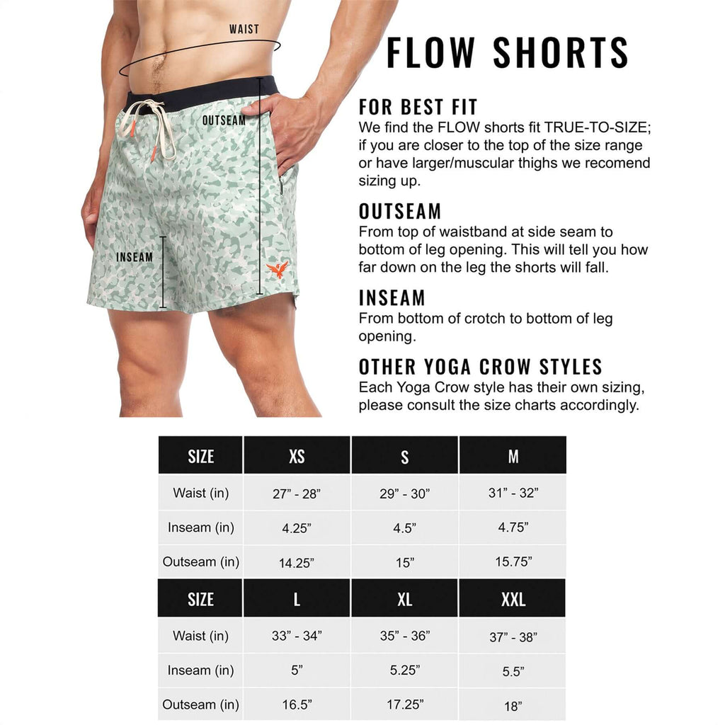Flow shorts sizing chart with waist, inseam, and outseam measurements for best fit.