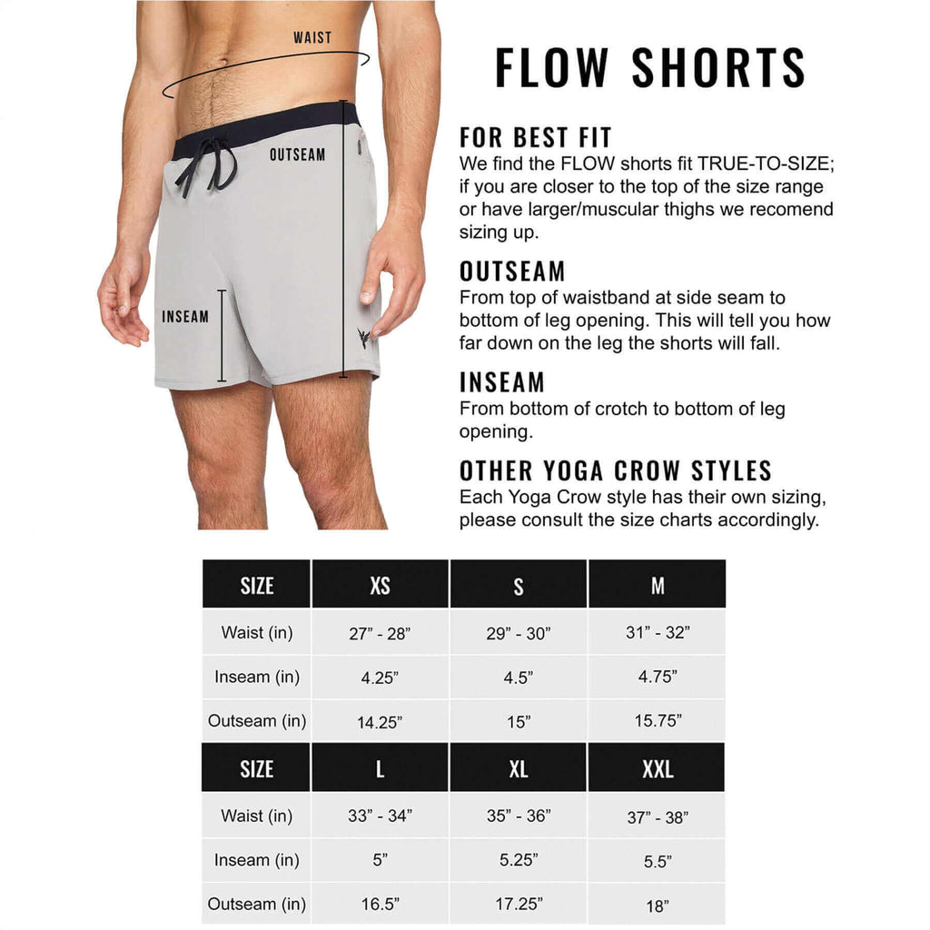 Sizing guide for Flow shorts in Saffron with measurements for waist, inseam, and outseam.