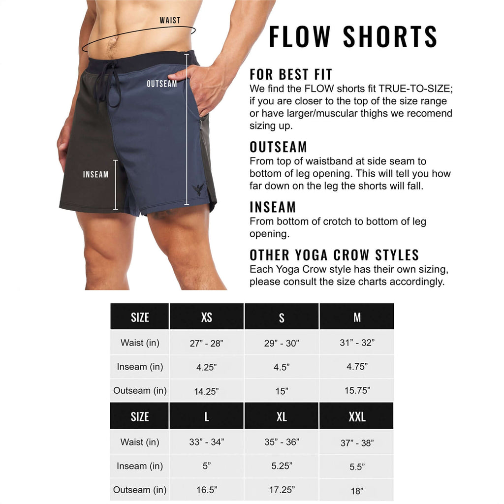 Sizing chart for Flow shorts featuring waist, inseam, and outseam measurements for accurate fit.