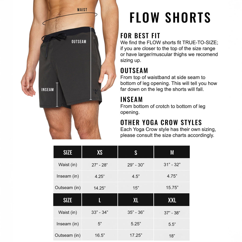 Men's Lined Hot Yoga Shorts 5 Inch size guide with waist, inseam, and outseam measurements.