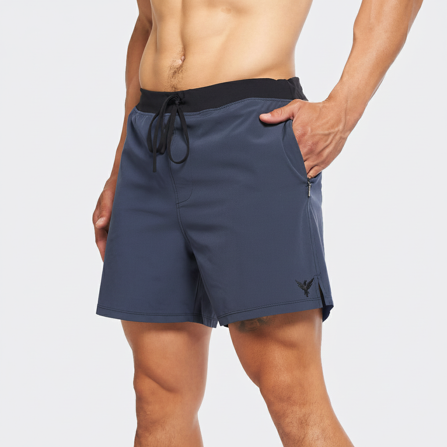 Flow Men's Lined Hot Yoga Shorts 5 Inch in Legion Blue, perfect for hot yoga sessions with high-performance fabric.