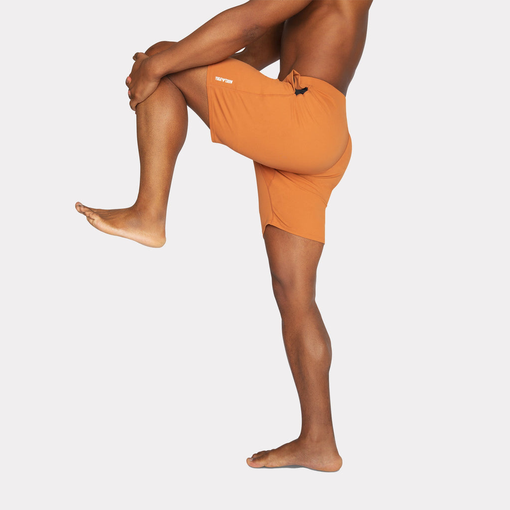 Swerve Men's Lined Yoga Shorts 7 Inch in Adobe Brown, perfect for yoga and fitness activities.