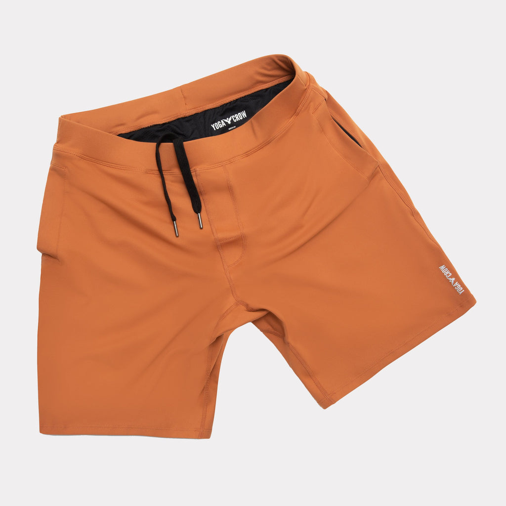 Swerve Men's Lined Yoga Shorts 7 Inch in Adobe Brown color, perfect for a stylish workout.
