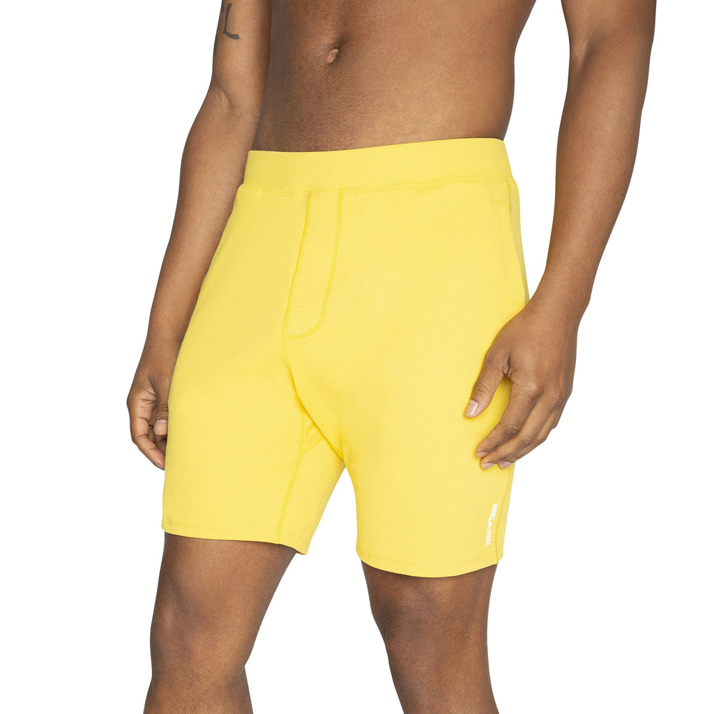 Swerve Men's Lined Yoga Shorts 7 Inch in Sulfur Yellow, perfect for active movements and yoga practice.